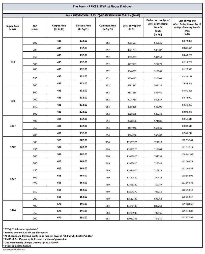 The-Room-Price-List