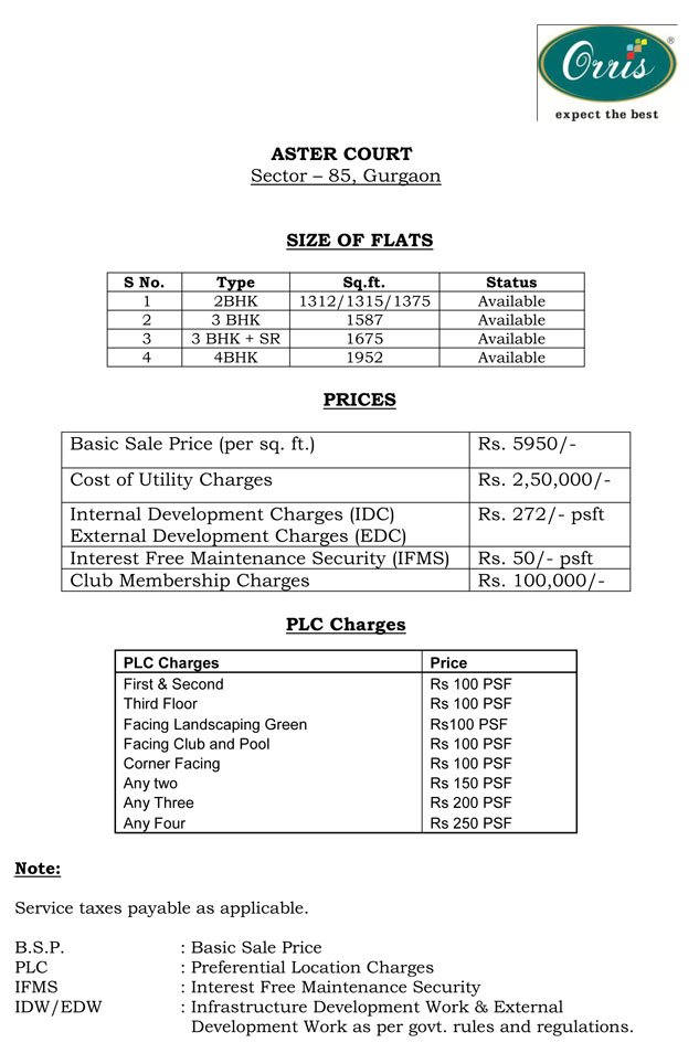 Orris Aster Court Price List